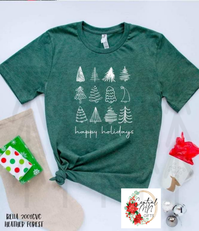 Happy Holidays Doodle Trees Shirts & Tops