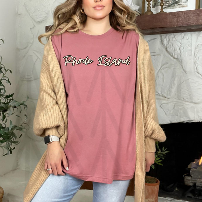 Rhode Island Boho Script State (Adult Shirt)